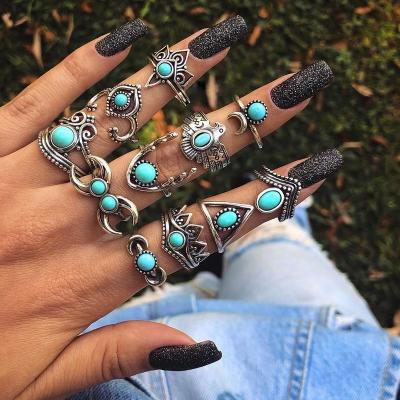 China TRENDY Fashion Bohemia Owl Rings 11pcs Sets For Women Retro Antique Silver Color Turquoise Knuckle Ring for sale