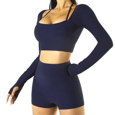 China Breathable Custom Yoga Wear Set With Bra Cup Long Sleeve Ribbed Crop Top And Shorts for sale