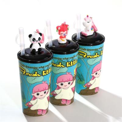 China Sustainable Hot Selling Color Printing Plastic Coffee Mug With Straw Cute Animal Toys Lid for sale