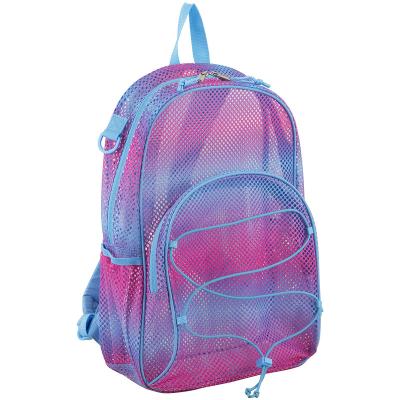 China Fashion Rainbow Colorful Luxury Mesh Backpack with bungee cord and adjustable padded straps for school swimming travel for sale