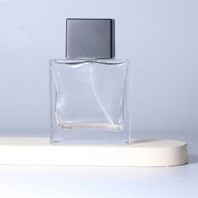 China Personal Care Square 50ml Spray Perfume Glass Transparent Bottle And Cap With Box In Stock for sale