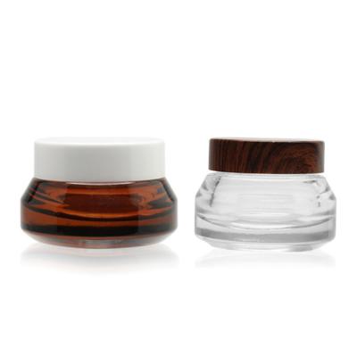 China 30ml 50ml Cosmetic Empty Amber Glass Jar Cosmetic Jars Amber Glass With Metal Lid for sale