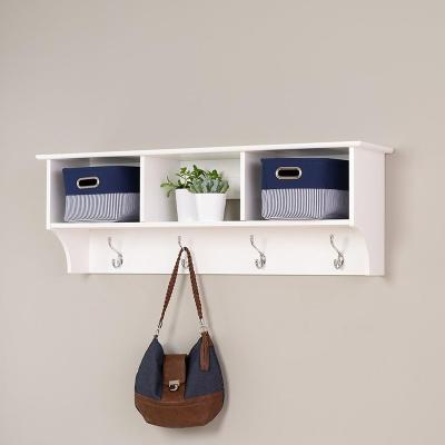 China Easy Assembly Hot Sale MDF Entryway Material White Wood Wooden Hanging Shelf With Hooks Wall Mount Clothes Hooks for sale