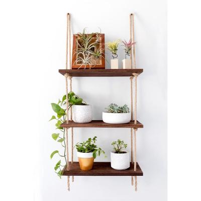 China Storage Wooden Shelf Wall Swing Hanging Storage Shelves 3 Tier Wooden Jute Rope Hanging Rope Organizer Shelf Rope Tier for sale