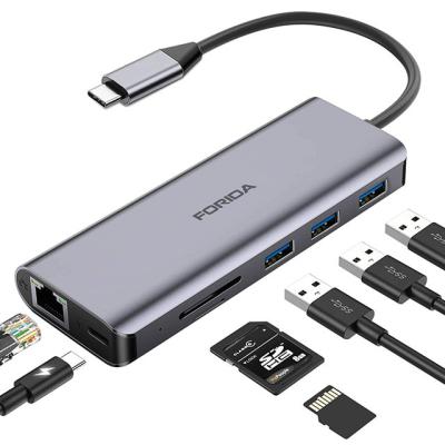 China Type-C enabled devices USB C hub with power delivery, Ethernet port, SD Card reader, 3 USB3.0 for sale