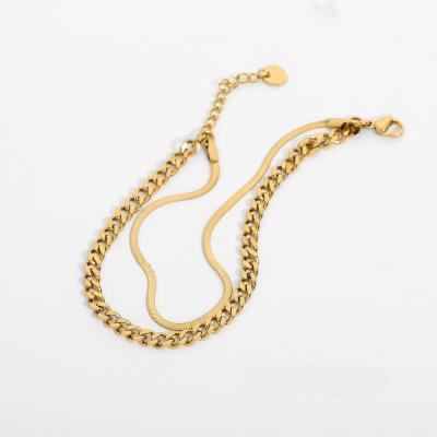 China CLASSIC 18K Gold Plated 316L Stainless Steel Snake Chain Cuban Chain Two Layers Bracelet For Women Men for sale