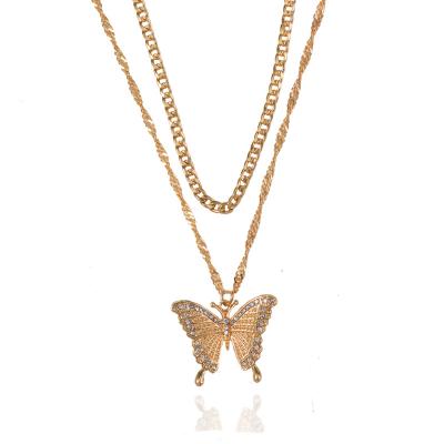 China TRENDY Gold Plated Rhinestone Layered Pave Cuban Butterfly Link Choker Tennis Pendant Necklace For Women for sale