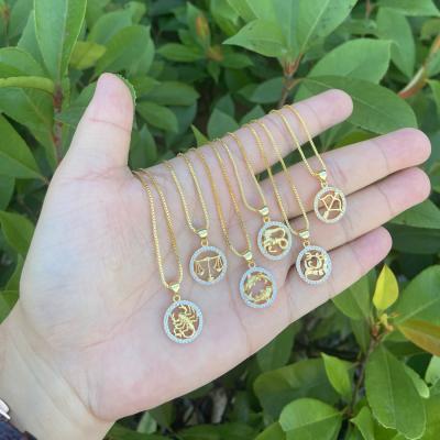 China TRENDY 18k Gold Plated Copper Alloy 12 Horoscope Zodiac Sign Round Zircon Coin Pendant Necklace For Women for sale