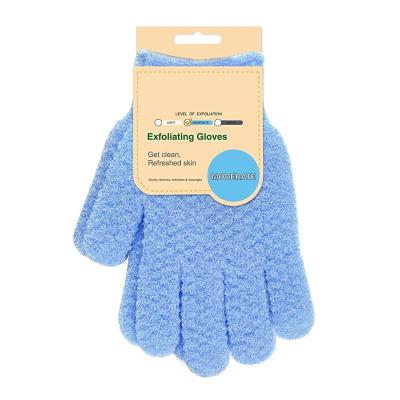 China EXFOLIATE Logo Nylon Five Fingers Mitt Skin Remover Silk Gloves Exfoliator Body Gloves Custom Dead Shower Scrubber Exfoliating Bath for sale