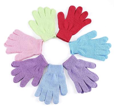 China EXFOLIATE Custom Logo Nylon Five Fingers Mitt Bath Gloves Silk Exfoliate Skin Remover Exfoliator Gloves Body Scrubber Custom Dead Shower for sale