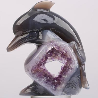 China China Best Selling Natural Products Agate Geode Carving Animal Dolphin Crystal Geode Dolphin For Desktop Decoration for sale