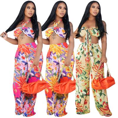 China Breathable Fashion Print Halter Neck Tied Chest Women's Two Piece Suit Sexy Casual Pants Suit for sale