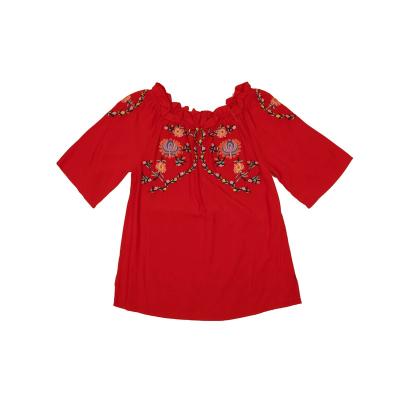 China 100% Breathable Viscous Red Ladies Fashion Designs And Chiffon Blouses Tops Women With Emb for sale