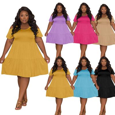 China Big Plus Size Casual Pleated Sexy Solid Women Fashion Color Breathable Off-shoulder Short Sleeve Ladies Dress For Summer for sale