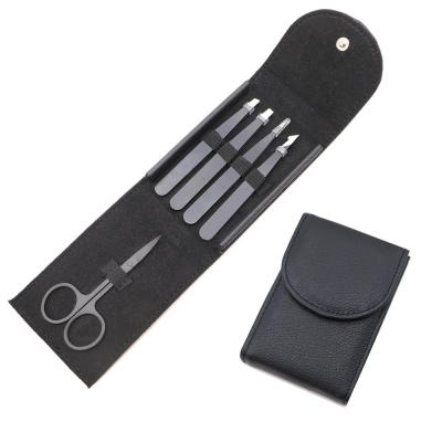 China Cutting Leather Custom Logo Eyebrow Trimmer Clips Tweezers Private Label Black Beauty Stainless Steel Scissors 5 PCS Case PU Case for sale