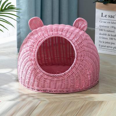 China 2022 Ebay Amazon Amazone Hot Sale PE Rattan Cane Dog Cat Bed Waterproof Wicker Yellow Beige Small House For Sale for sale