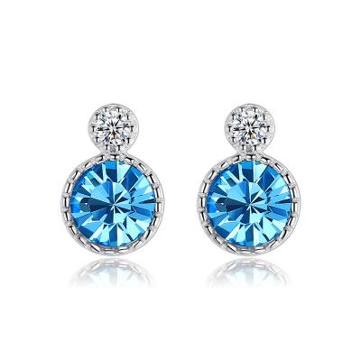 China Temperament Round Birthstone Stud Earring Love Heart Ocean Blue S925 Sterling Silver Drop Fine Jewelry Fashion Crystal Dangle Earring for sale