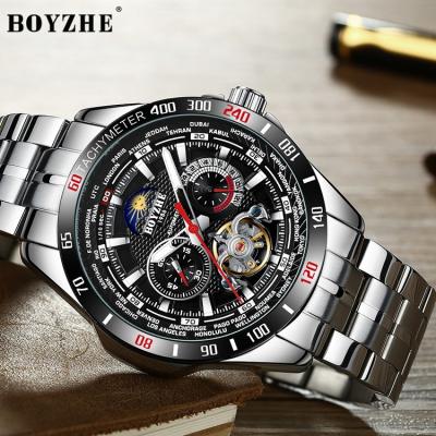 China BOYZHE Brand Moon Phase Black Case Popular Black Mechanical Circle 30M Waterproof Tourbillon Automatic Watch for sale