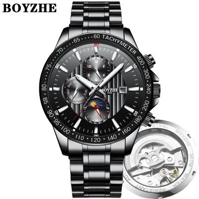 China Date BOYZHE Factory Automatic Strap Metal Black Full Automatic Mechanical Skeleton Man Watch for sale