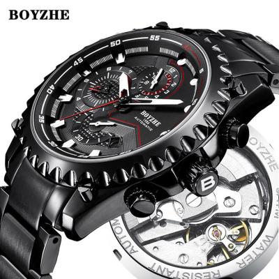 China BOYZHE Auto Date OEM Customized Unique Fashion Design Stainless Steel Men Automatic Mechanical Wrist Watch for sale