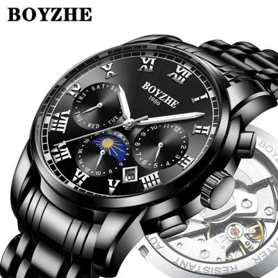 China Auto Date BOYZHE Fashion Design Black Case Waterproof Full Automatic Mens Luxury Watch for sale