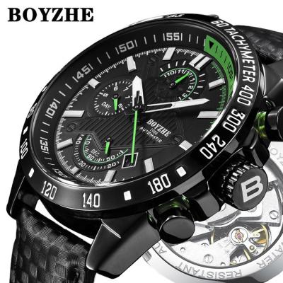 China Auto Date BOYZHE Factory Direct Black Circle Green Case Time / Date Movement Motorsports Watch for sale