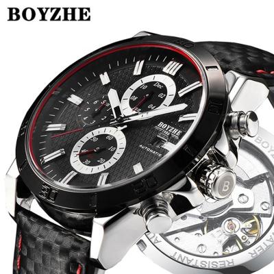 China Date BOYZHE Automatic Tourbillon Skeleton Mark Your Own Back Stainless Steel Water Resistant Men's Watch for sale