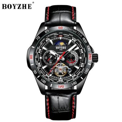 China BOYZHE Date Leather Strap Fashion Sports Luminous Watches Tourbillon Automatic Mechanical Wristwatch Men Automatic Genuine for sale