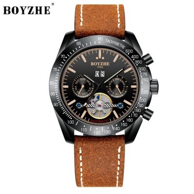 China BOYZHE Automatic Date Brand Mens Brown Automatic Movement Tourbillon Luxury Genuine Leather Mechanical Watches for sale