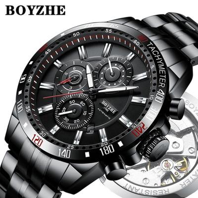 China New Design Cavity Black Automatic Band Skeleton Date BOYZHE Water Resistant Mechanical Watch for sale