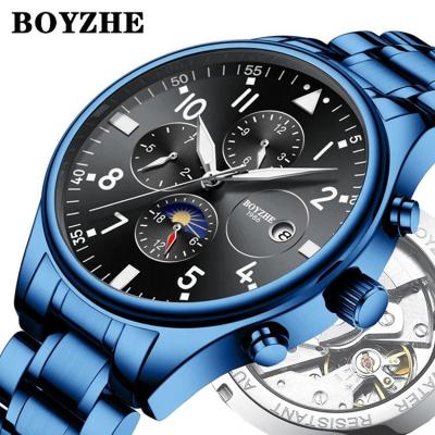 China BOYZHE Full Date Blue Metal Strap Hot Selling Automatic Mechanical Automatic Watch for sale