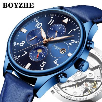 China BOYZHE Automatic Date Brand Watch Fashion Dress Mechanical Skeleton Chronograph Men Wristwatch for sale