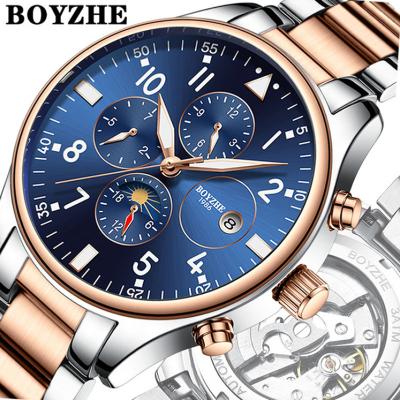 China BOYZHE Automatic Date Automatic Mechanical Skeleton Tourbillon OEM Stainless Steel Waterproof Custom Watches for sale