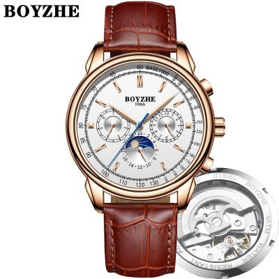 China Luxury Genuine Leather Skeleton Men's Automatic Date BOYZHE Brand Moon Movement Mechanical Mechanical Watch for sale