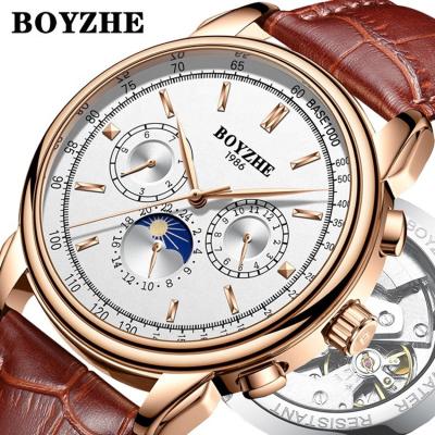 China Factory Automatic Date BOYZHE Brown Strap Brand Genuine Leather Full Automatic Mechanical Watch for sale