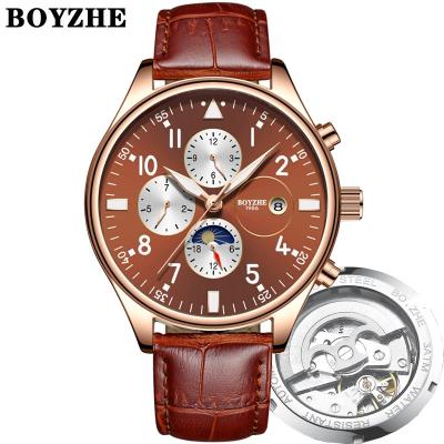 China BOYZHE Brand Automatic Luminous Skeleton Tourbillon Watch Date BOYZHE Tourbillon Feature Luxury Genuine Leather Watch for sale