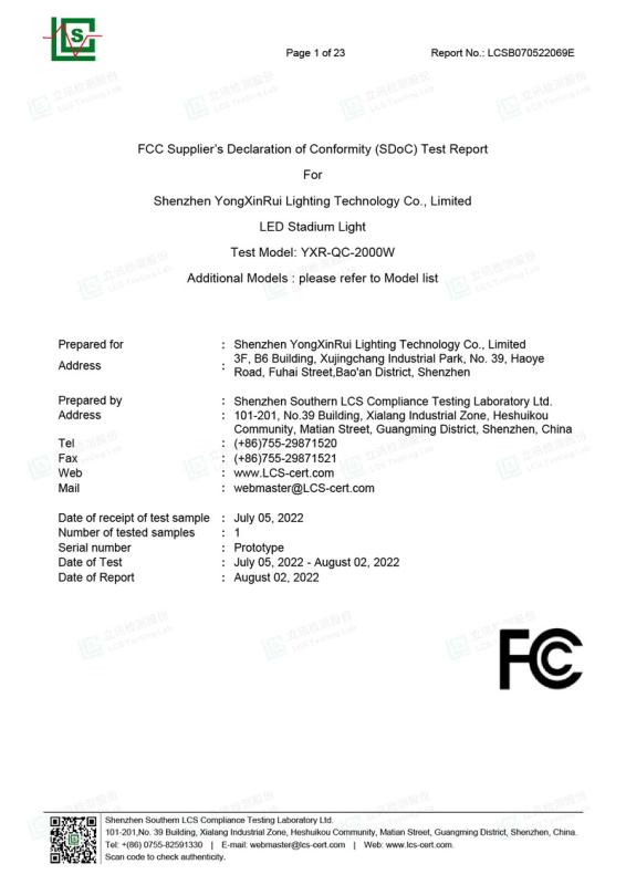 FCC - Shenzhen Yongxinrui Lighting Technology Co., Limited