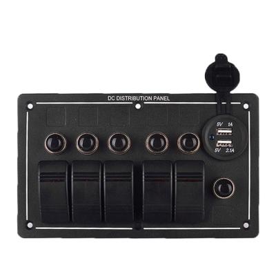 China Waterproof Car Marine Boat Rv 5 Strip Dual LED Rocker Switch Circuit Digital Voltmeter USB Port 12V Switch Panel for sale