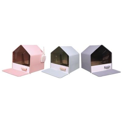 China Gray Pink Semi Enclosed Litter Box OEM / ODM Semi Closed Cat Litter Box for sale