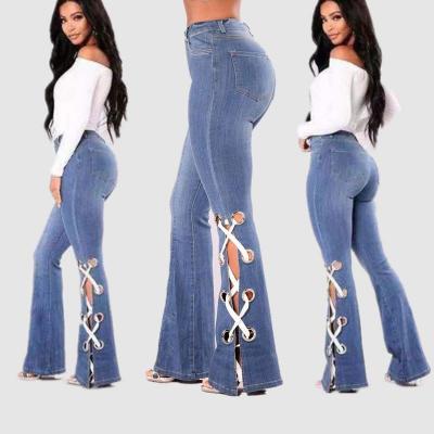 China Viable Wholesale 3 Colors Fashion Women Flared Belt Bow Long Hot Selling Womens Jeans For Women for sale