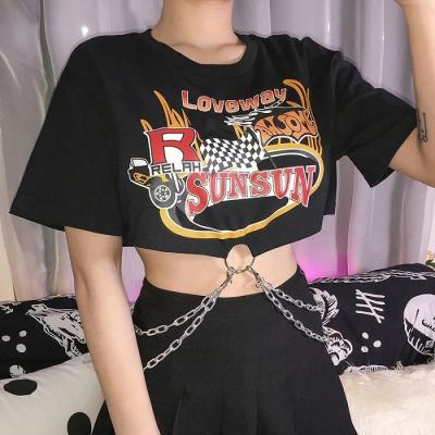 China 2020 Korean Short Sleeve T-shirt Women's Anti-Shrink Harajuku Cotton T-shirt Black Ladies Printed Top With Chains Streetwear Summer for sale