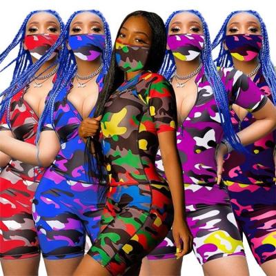 China Sustainable Multicolor Fashion Camouflage 2 Piece Short Teams Neon Off Plus Size Womens Clothing Two Piece Sets With FaceMask for sale