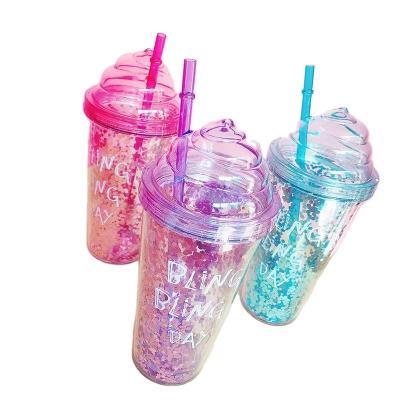 China Wholesale Refrigeration Viable Custom Plastic Household Lid Ice Cream Cup Summer Fashion Factory Double Layer Straw Cup for sale