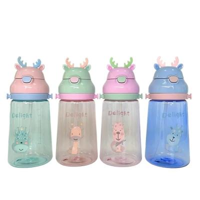 China Hot Selling Cartoon Viable For Foreign Trade Little Children Deer Straw Spout Water Cup With 450ml Ladder Strap Plastic Water Bottle for sale