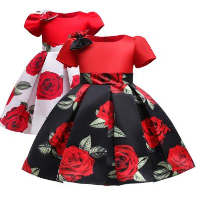 China Regular Manufacturer Direct Selling Children's Satin Bow Sleeve Rose Printed Princess Dress Christmas Short Dress for sale