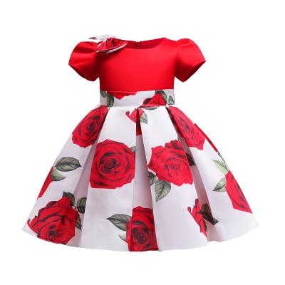 China Regular Hot Sale Children's Satin Bow Sleeve Rose Printed Princess Dress Christmas Short Dress for sale