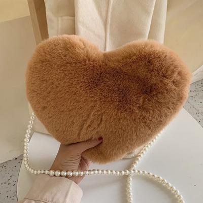 China Polyester Faux Fur Hairy Shoulder Bag Beads Single Heart Shoulder Bags For Women for sale