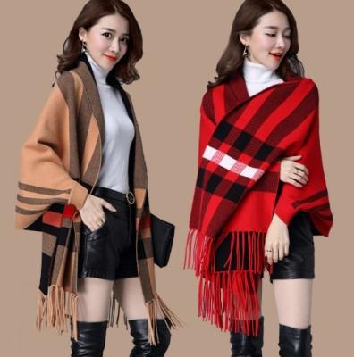 China Fashion Women Winter Shawl Scarf Two Sides Plaid Acrylic Blanket Poncho With Sleeves for sale