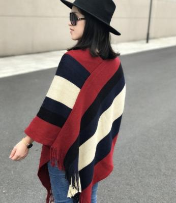 China Acrylic Winter Poncho Women Chunky Stripes Knit Cover Up Poncho for sale