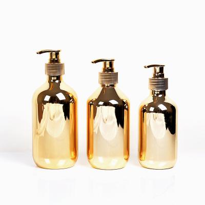 China Cosmetic in Stock 300ml 500ml Plated Craft Gold Silver Rose Gold Shampoo Bottle Body Wash Dispenser Bottles PET for sale